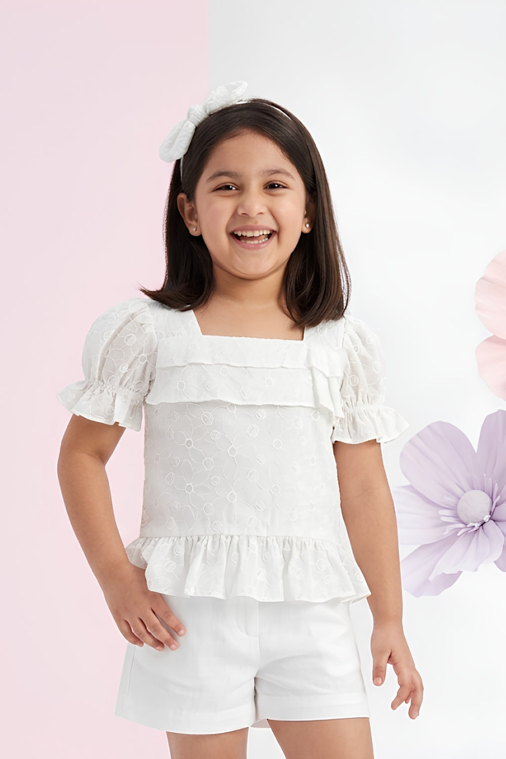 Kids White Puff Sleeve Top TG6338