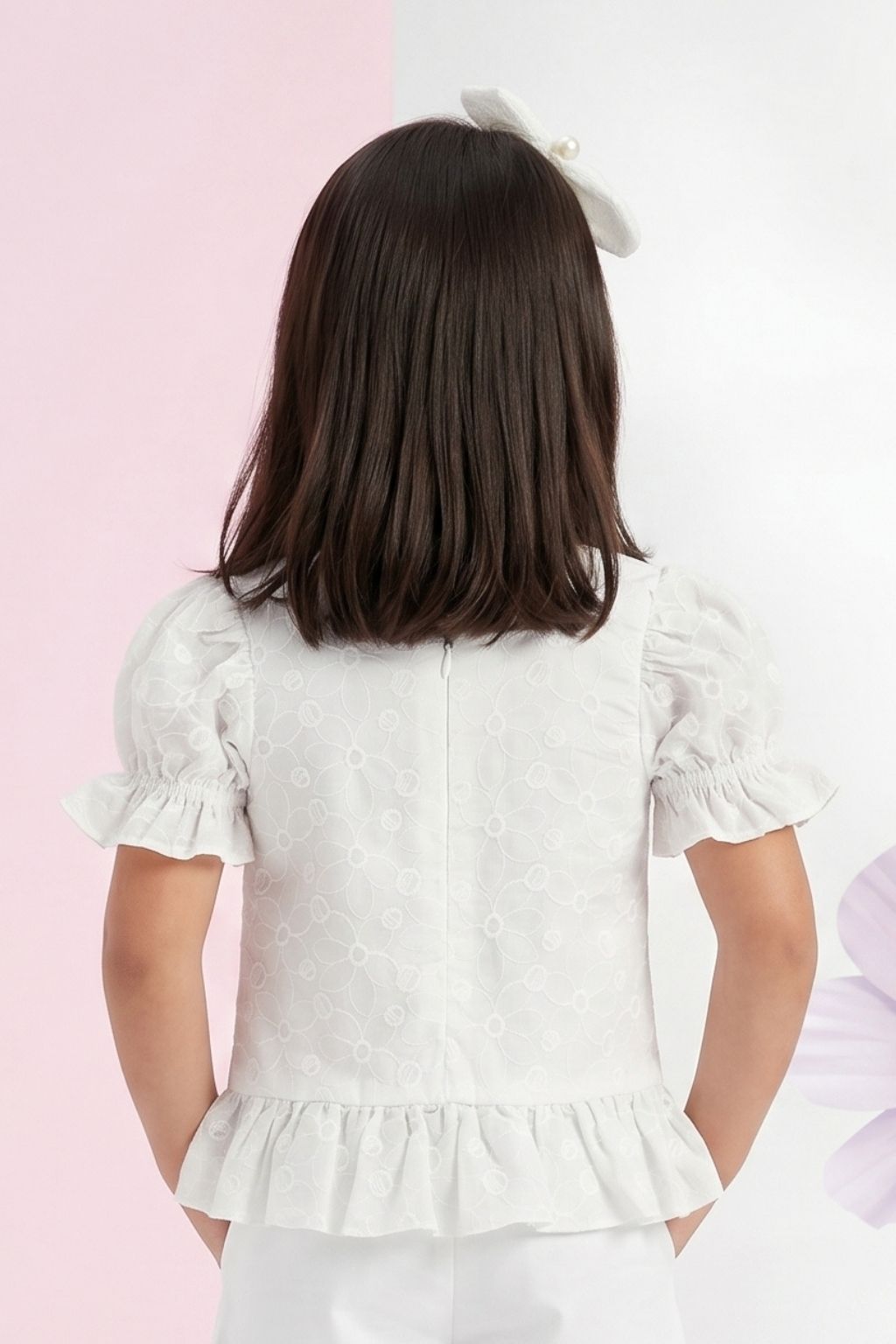 Kids White Puff Sleeve Top TG6338