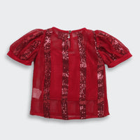 Girls Maroon Lace Puff Sleeve Top