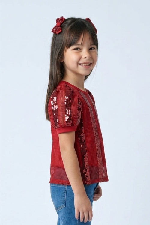 Maroon Lace Puff Sleeve Top TG6341