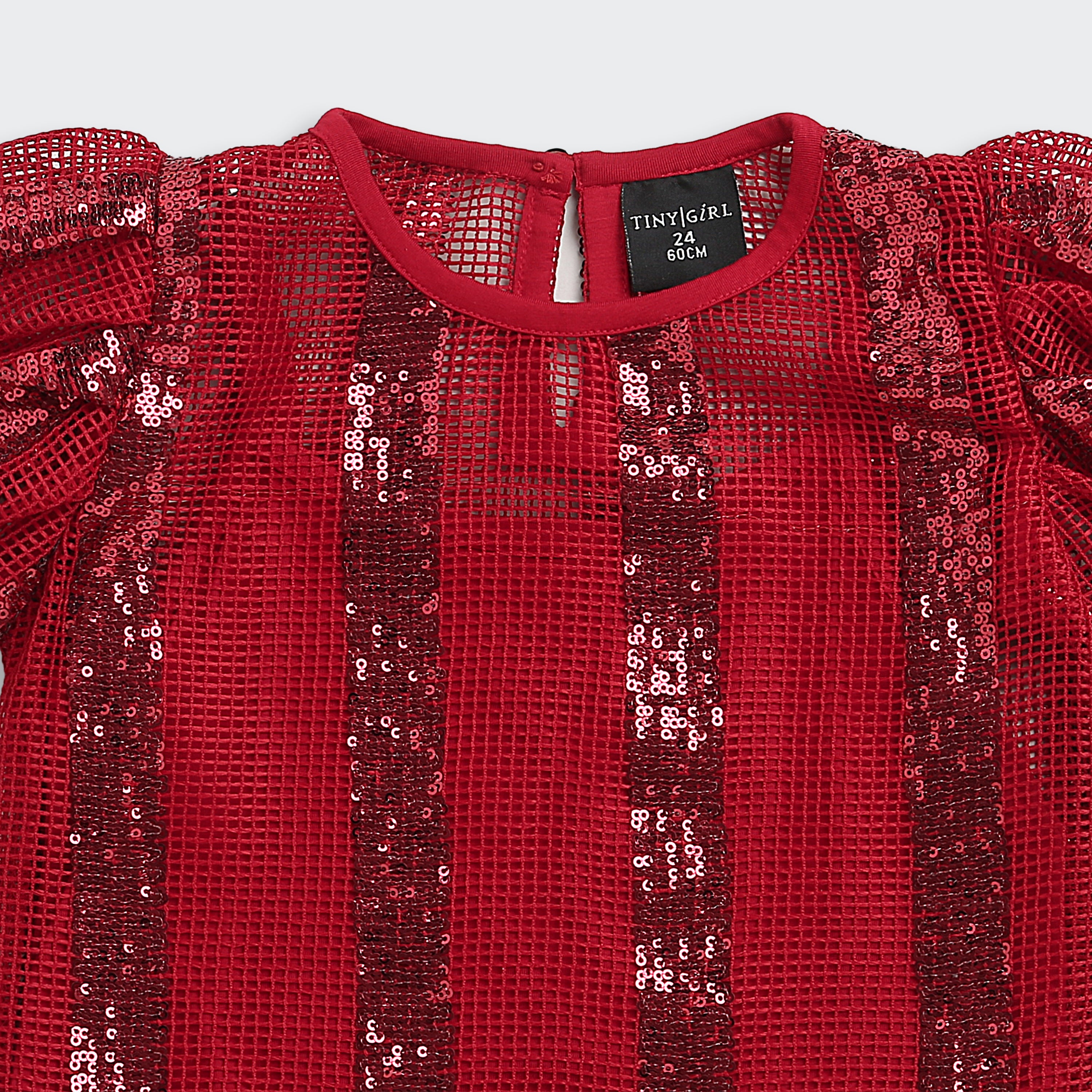 Girls Maroon Lace Puff Sleeve Top