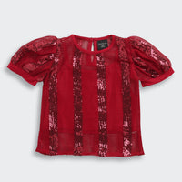 Girls Maroon Lace Puff Sleeve Top