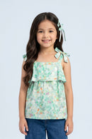 Mint Green Floral Bow Tie Strap Top TG6347