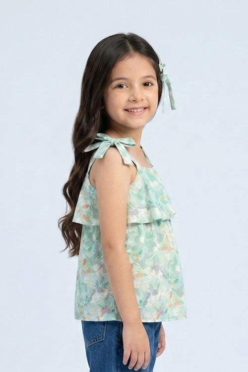 Mint Green Floral Bow Tie Strap Top TG6347