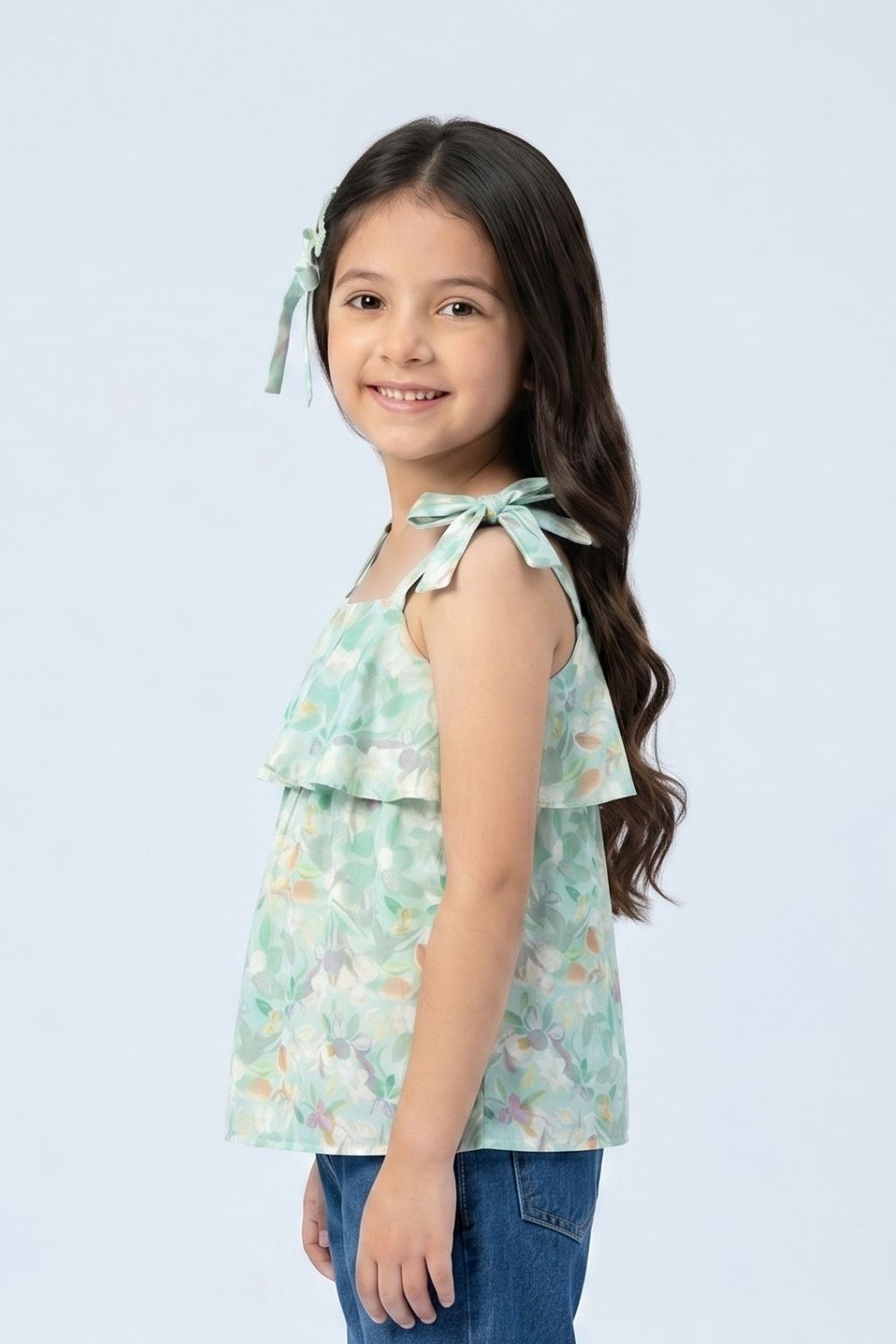 Mint Green Floral Bow Tie Strap Top TG6347