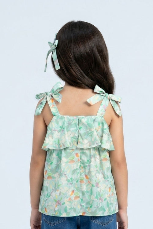Mint Green Floral Bow Tie Strap Top TG6347