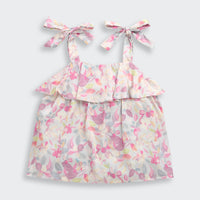 Tiny Girl Pink Floral Ruffle Top with Tie-Up Shoulder Straps