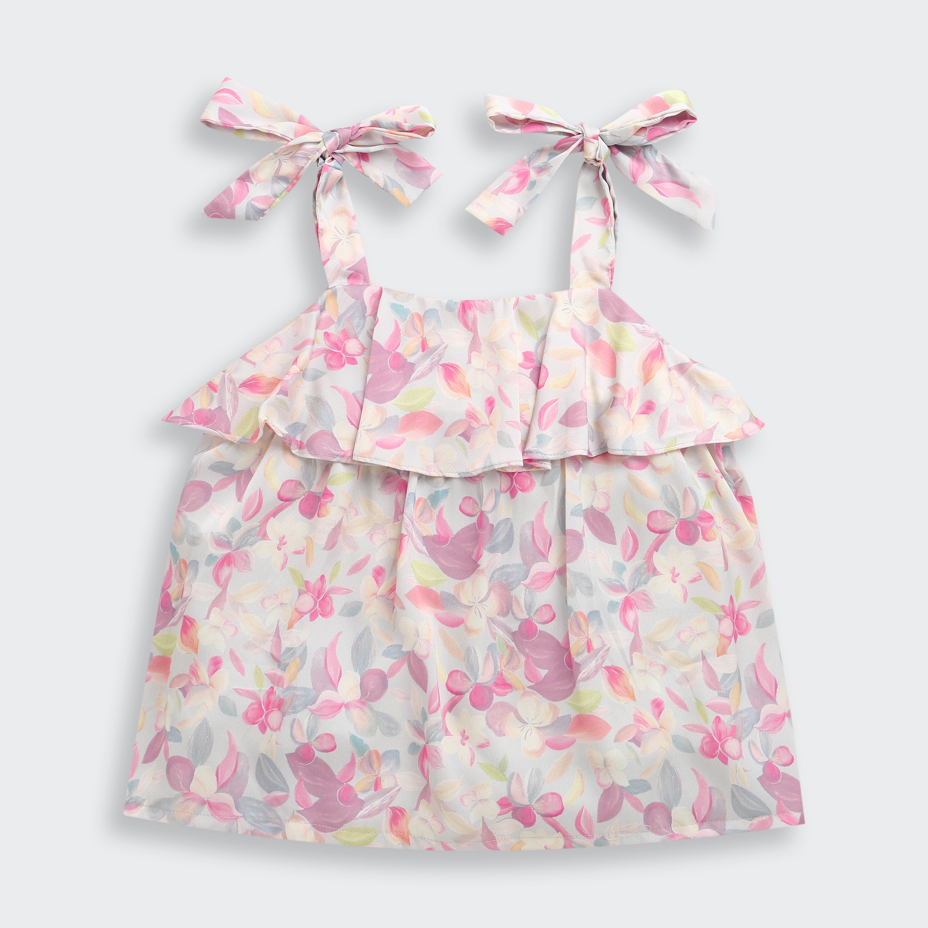 Tiny Girl Pink Floral Ruffle Top with Tie-Up Shoulder Straps