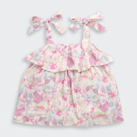 Tiny Girl Pink Floral Ruffle Top with Tie-Up Shoulder Straps
