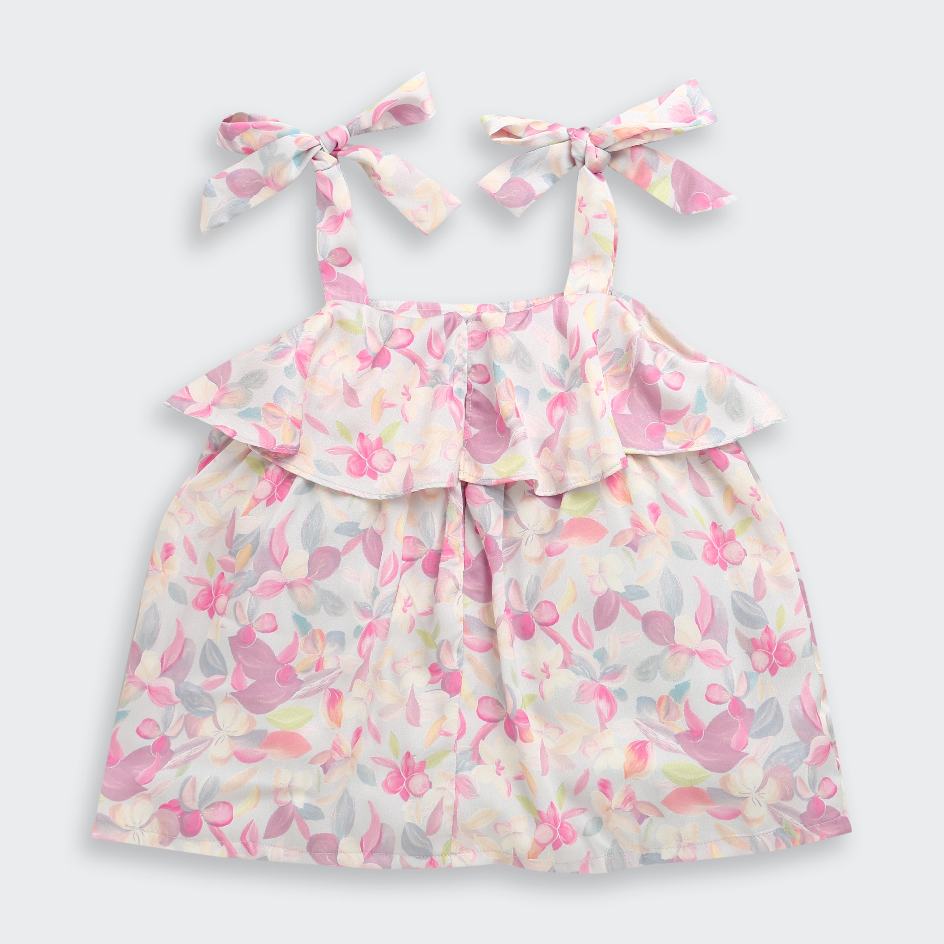 Tiny Girl Pink Floral Ruffle Top with Tie-Up Shoulder Straps