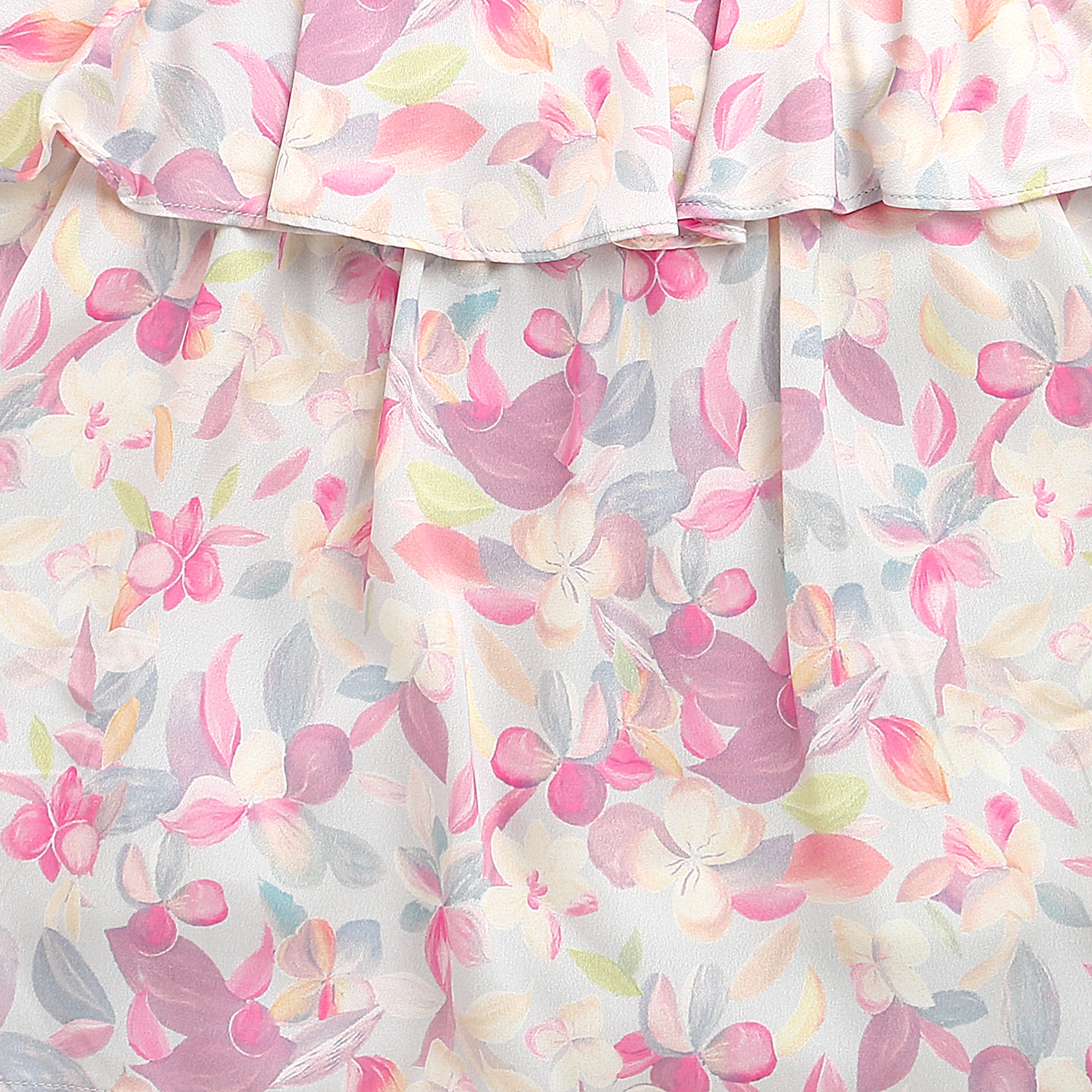 Tiny Girl Pink Floral Ruffle Top with Tie-Up Shoulder Straps