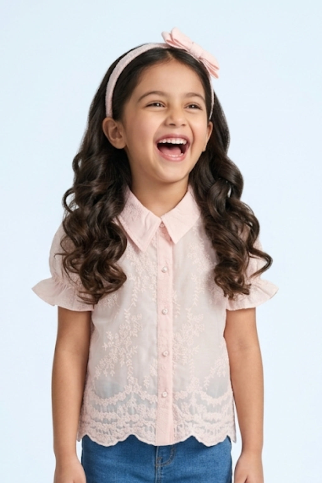 Peach Blossom Lace Puff-Sleeve Shirt TG6348