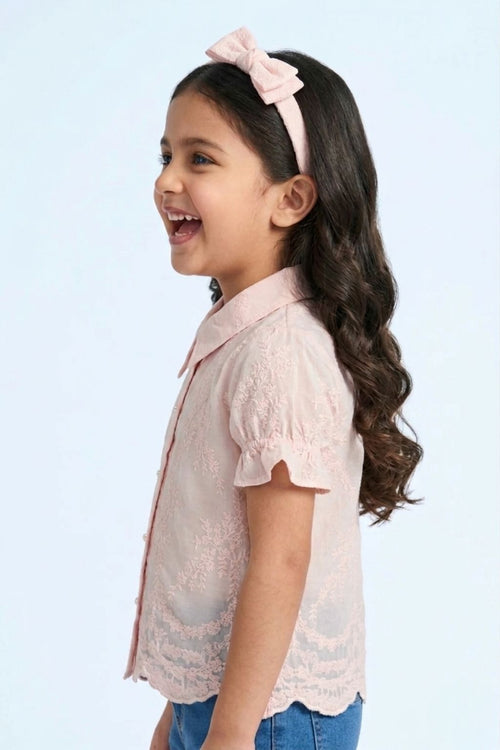 Peach Blossom Lace Puff-Sleeve Shirt TG6348