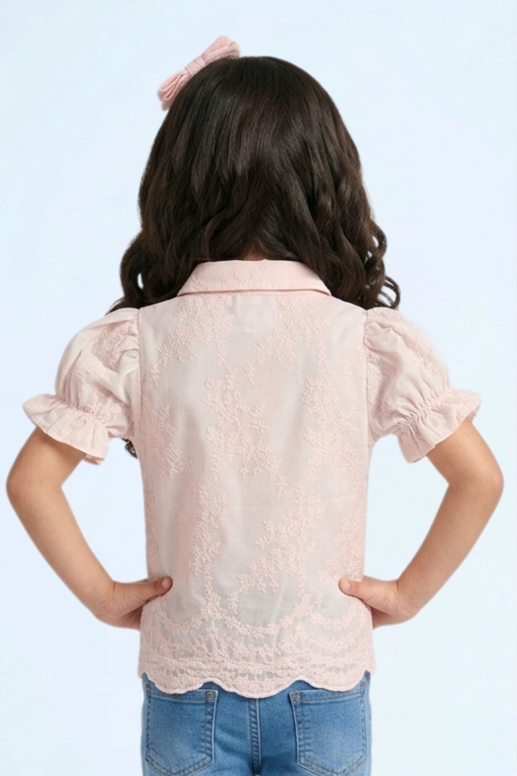 Peach Blossom Lace Puff-Sleeve Shirt TG6348