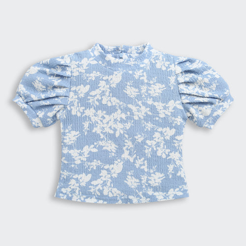 Powder Blue Puff Sleeve Floral Knit Top TG6350