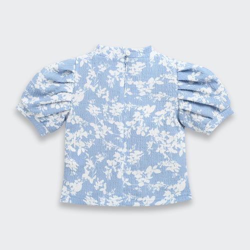 Powder Blue Puff Sleeve Floral Knit Top TG6350