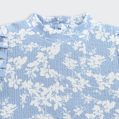 Powder Blue Puff Sleeve Floral Knit Top TG6350