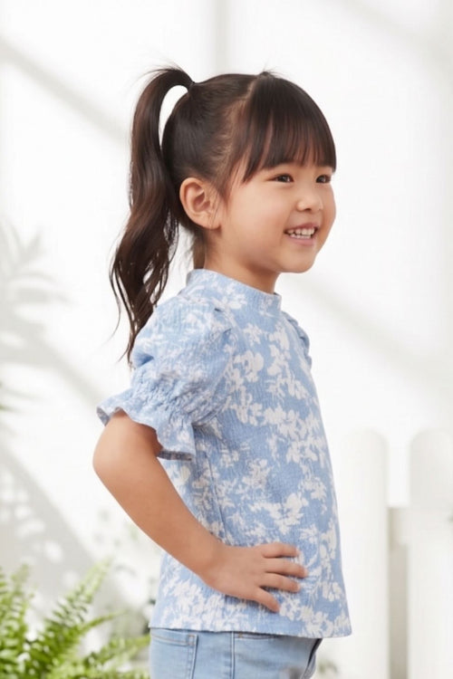 Powder Blue Puff Sleeve Floral Knit Top TG6350