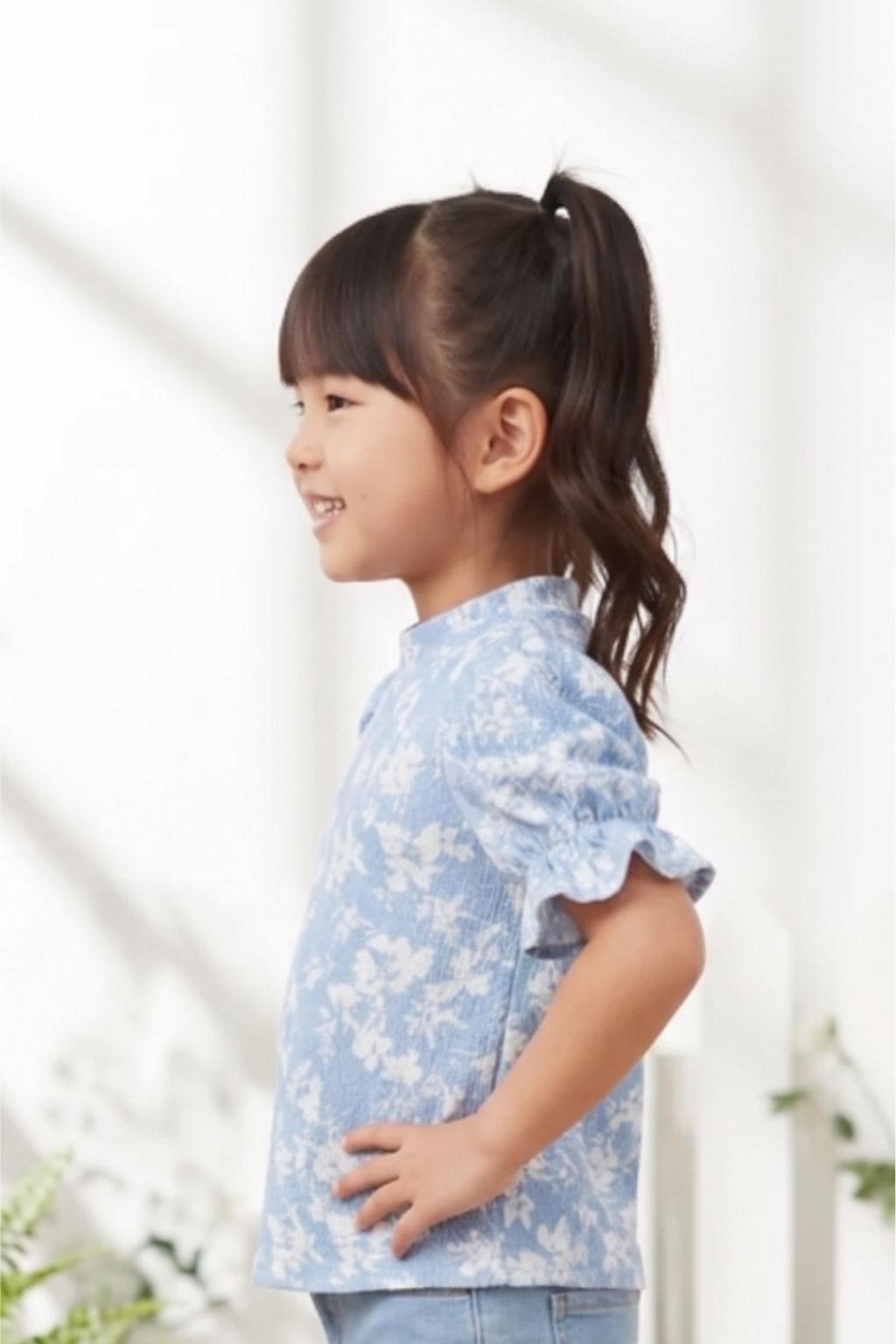 Powder Blue Puff Sleeve Floral Knit Top TG6350
