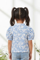 Powder Blue Puff Sleeve Floral Knit Top TG6350