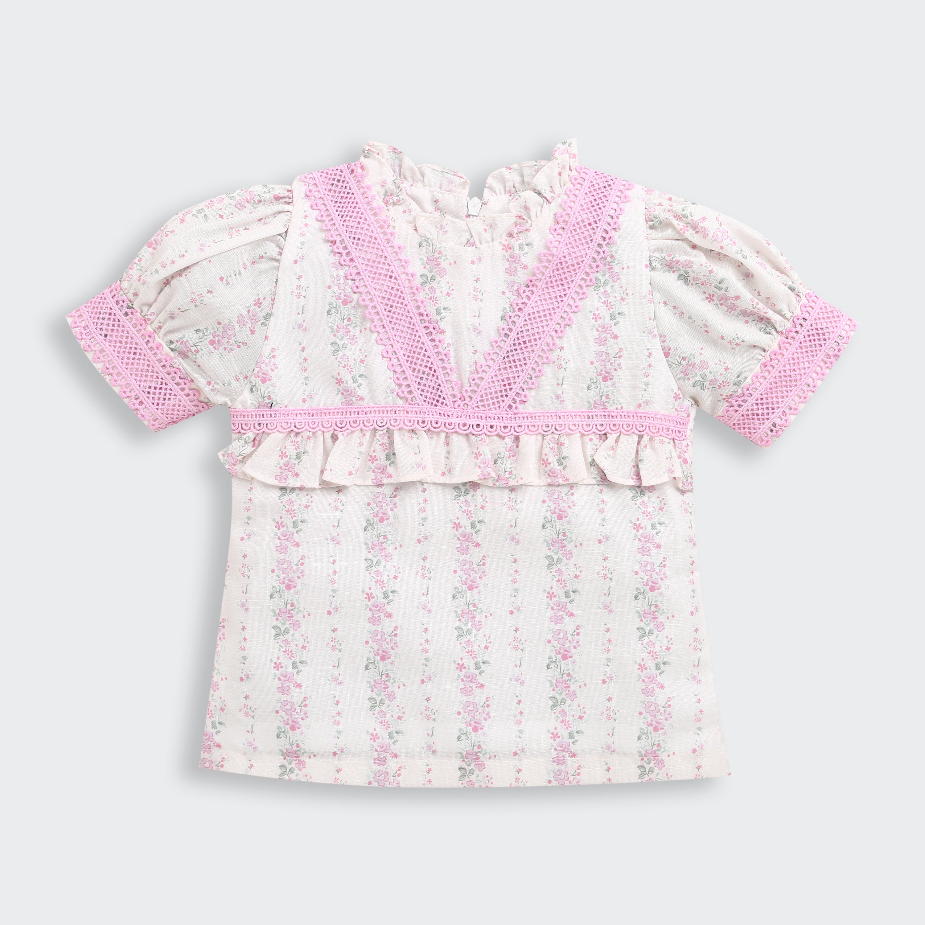 Pink Lace Trim Floral Top for Girls