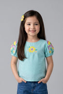 Floral Puff Teal Embroidered Top TG6356