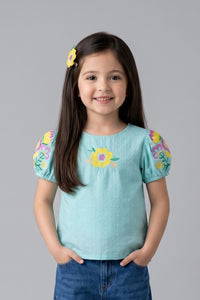 Floral Puff Teal Embroidered Top TG6356