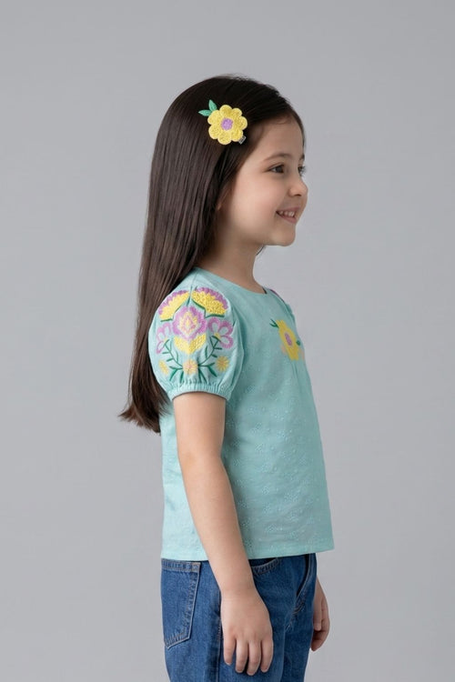 Floral Puff Teal Embroidered Top TG6356