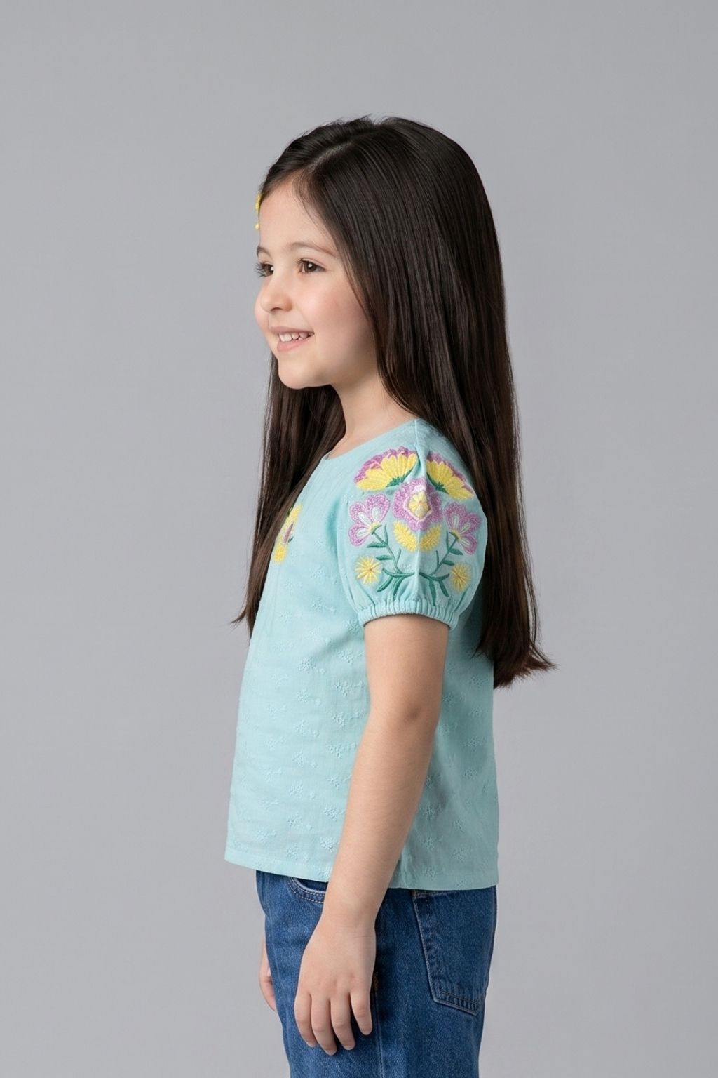 Floral Puff Teal Embroidered Top TG6356