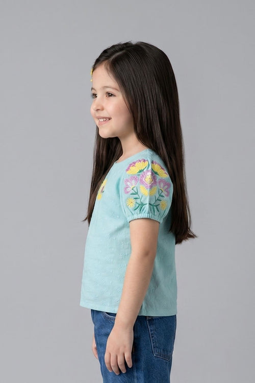 Floral Puff Teal Embroidered Top TG6356