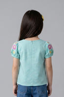Floral Puff Teal Embroidered Top TG6356