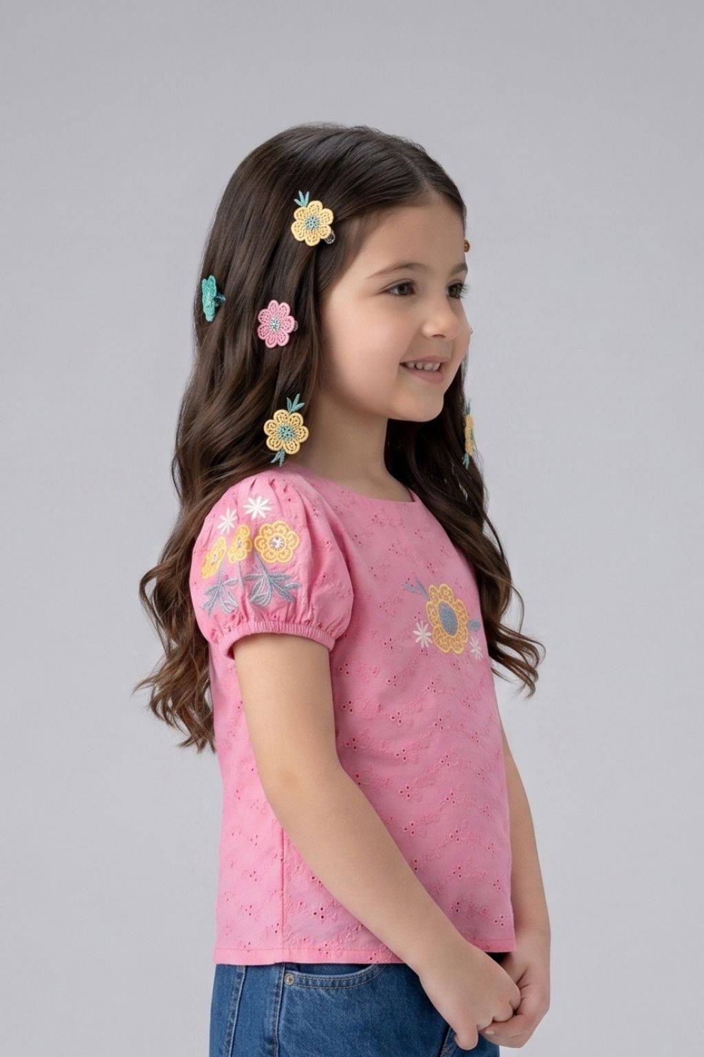 Pink Floral Embroidered Eyelet Cotton Top TG6356