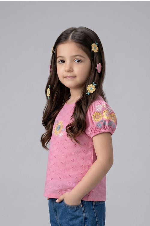 Pink Floral Embroidered Eyelet Cotton Top TG6356