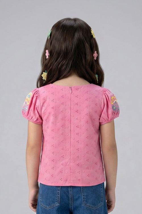 Pink Floral Embroidered Eyelet Cotton Top TG6356