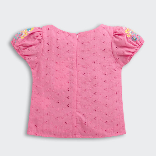 Pink Floral Embroidered Eyelet Cotton Top TG6356
