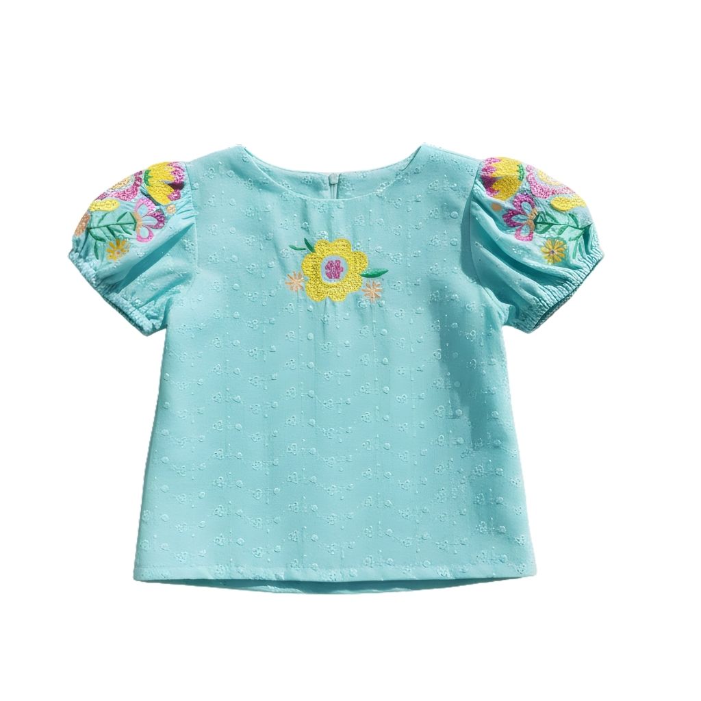 Floral Puff Teal Embroidered Top TG6356