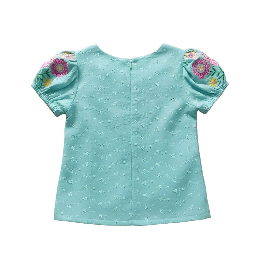 Floral Puff Teal Embroidered Top TG6356