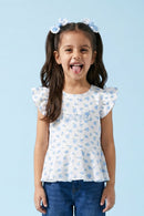 Girls Blue Floral Printed Peplum Top with Ruffle Sleeves TG6358
