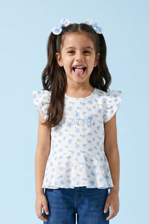 Girls Blue Floral Printed Peplum Top with Ruffle Sleeves TG6358