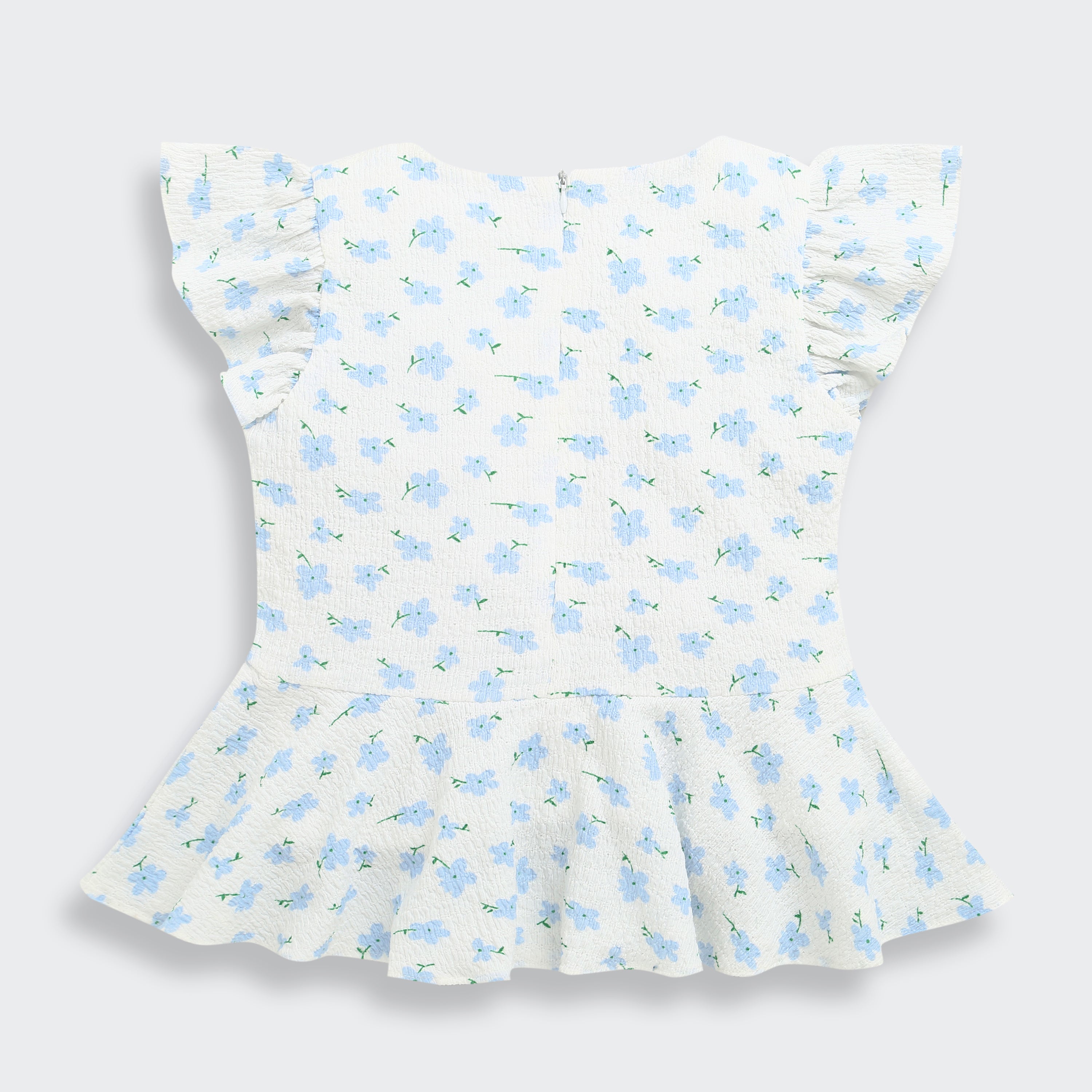 Girls Blue Floral Printed Peplum Top with Ruffle Sleeves TG6358