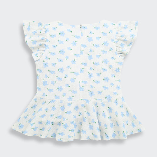 Girls Blue Floral Printed Peplum Top with Ruffle Sleeves TG6358