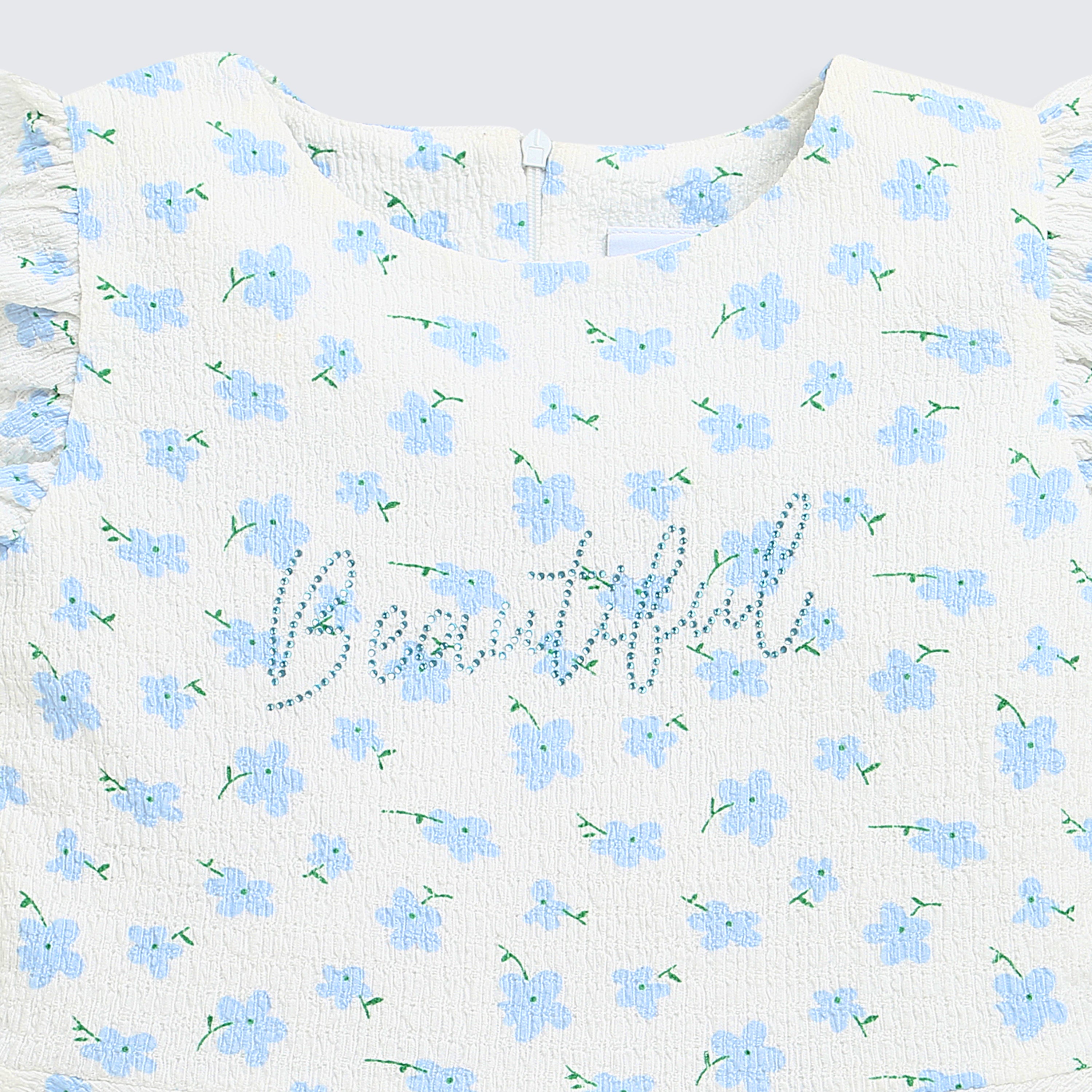 Girls Blue Floral Printed Peplum Top with Ruffle Sleeves TG6358