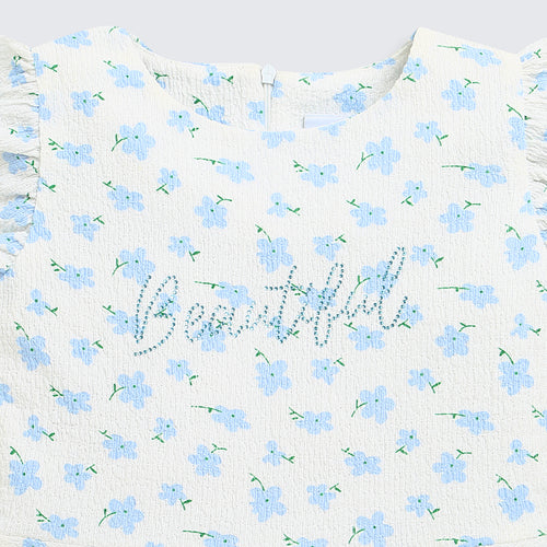 Girls Blue Floral Printed Peplum Top with Ruffle Sleeves TG6358