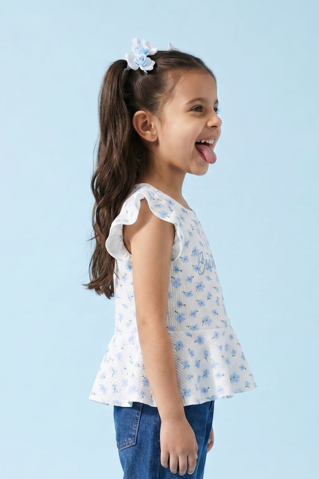 Girls Blue Floral Printed Peplum Top with Ruffle Sleeves TG6358