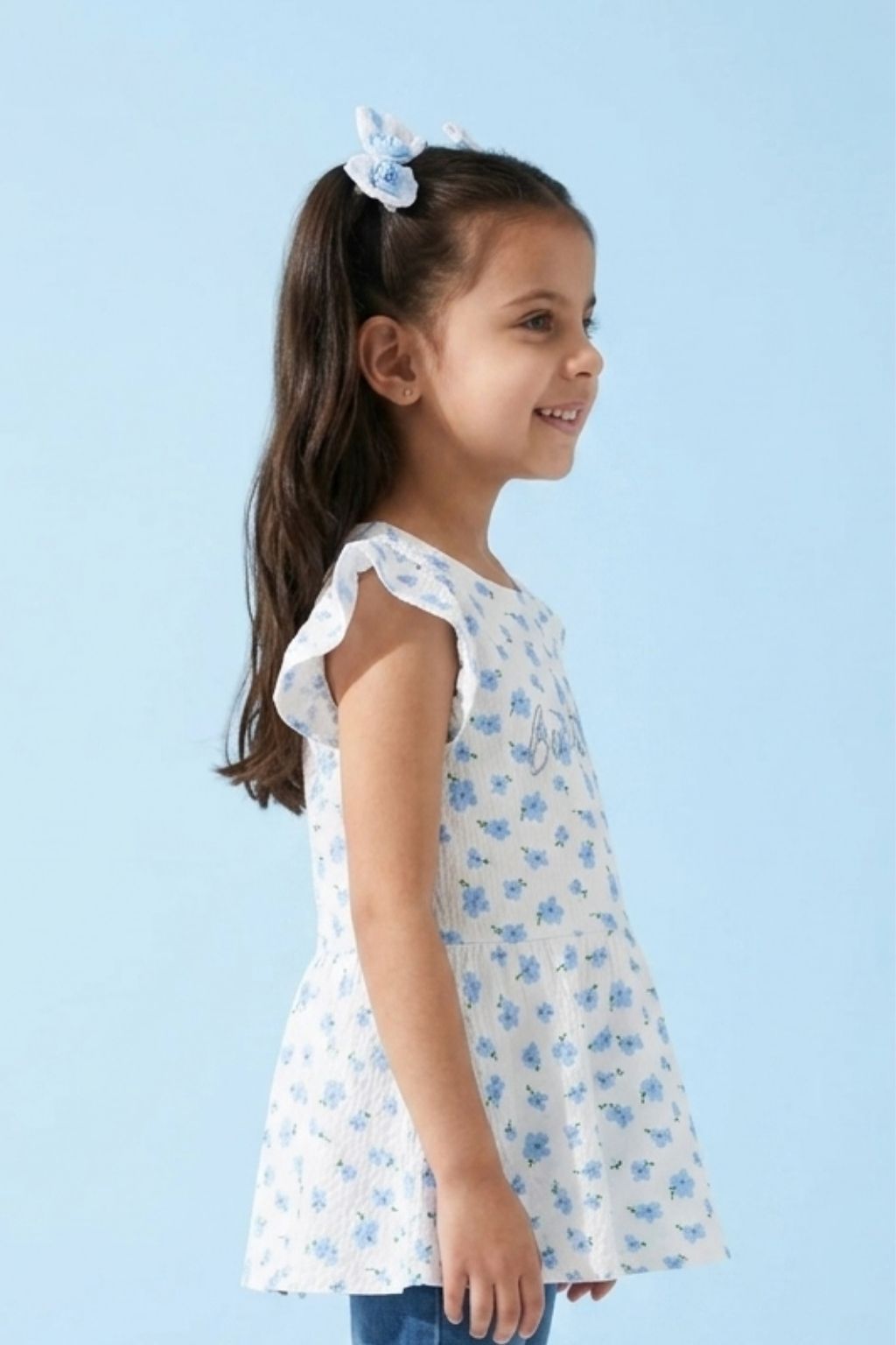 Girls Blue Floral Printed Peplum Top with Ruffle Sleeves TG6358