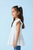 Girls Blue Floral Printed Peplum Top with Ruffle Sleeves TG6358