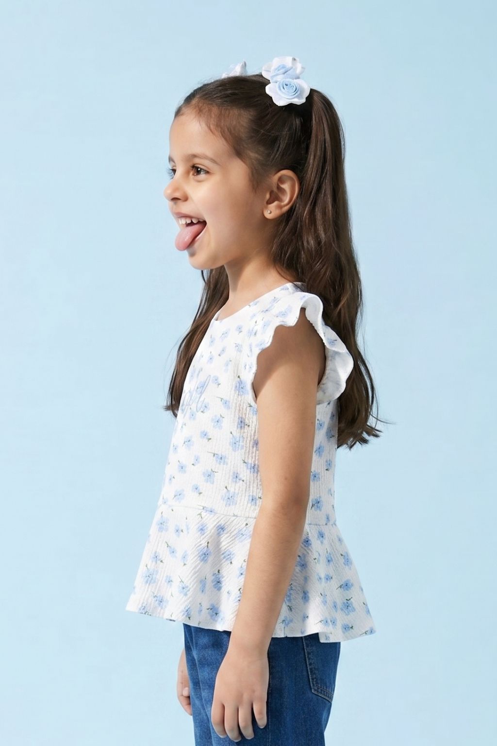 Girls Blue Floral Printed Peplum Top with Ruffle Sleeves TG6358