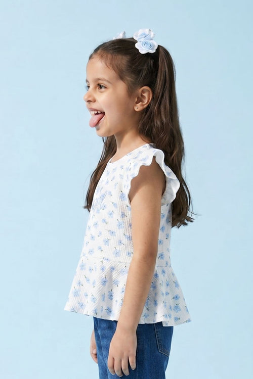 Girls Blue Floral Printed Peplum Top with Ruffle Sleeves TG6358