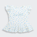 Girls Blue Floral Printed Peplum Top with Ruffle Sleeves TG6358
