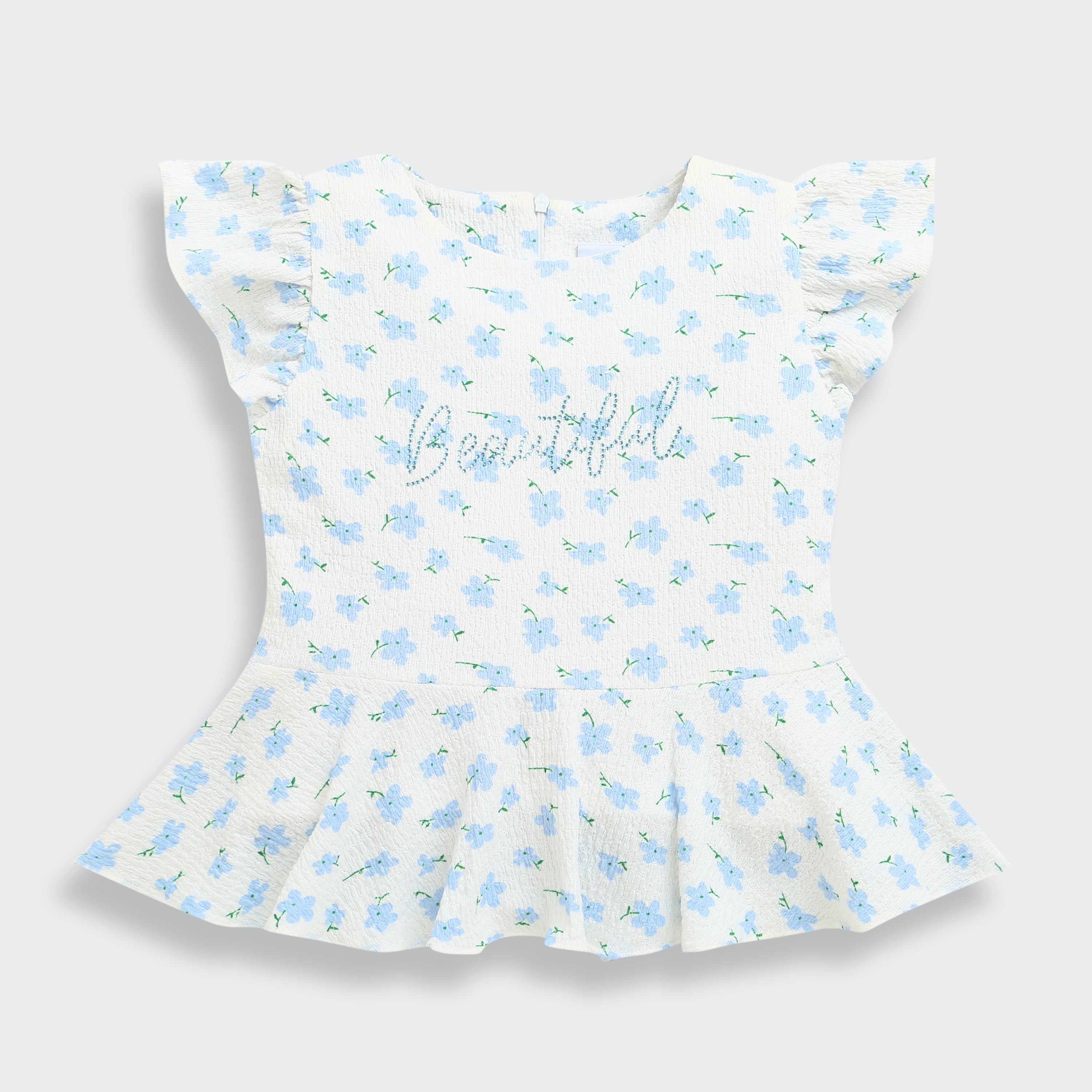 Girls Blue Floral Printed Peplum Top with Ruffle Sleeves TG6358